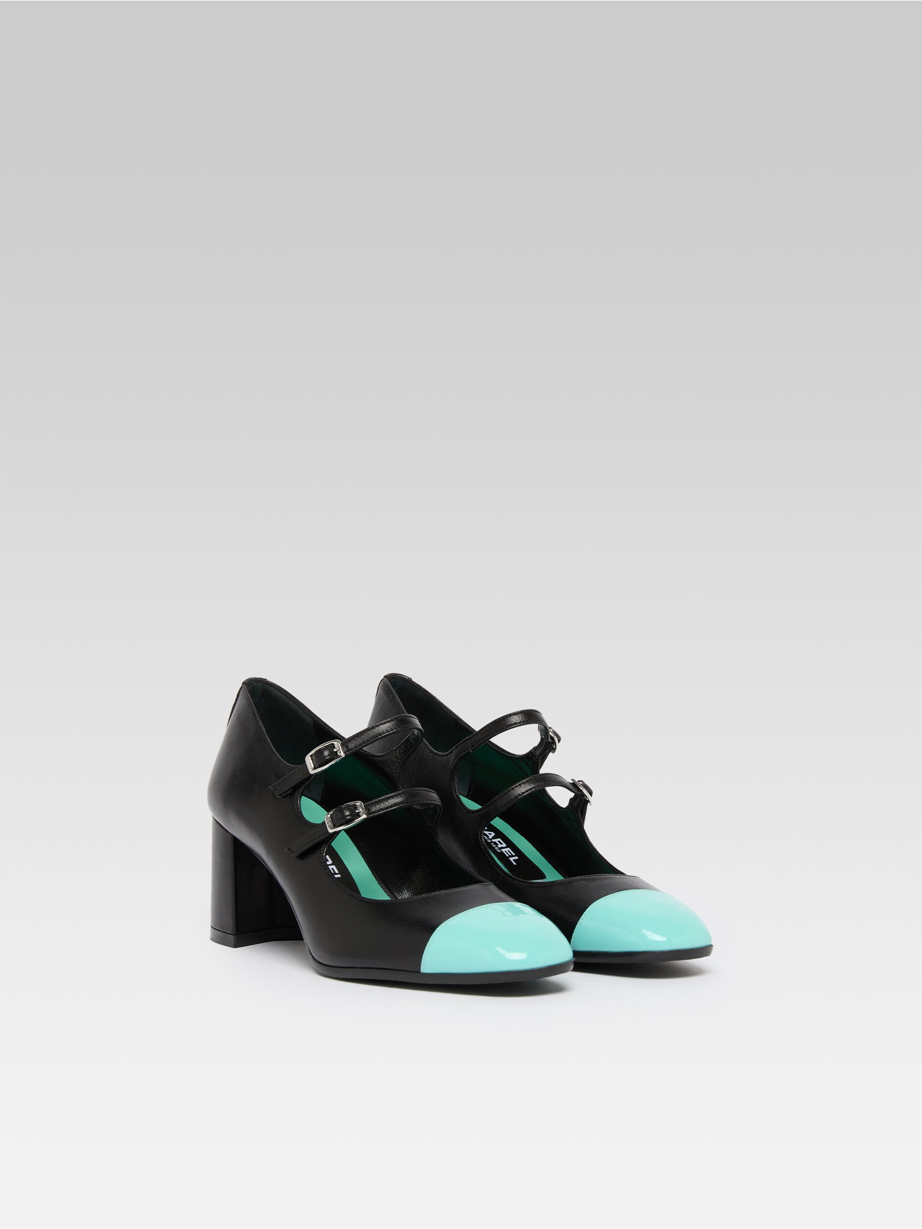 Cherry - Escarpins babies cuir noir et cuir verni turquoise - Image numéro 2