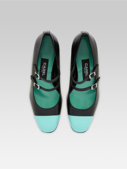 Cherry - Escarpins babies cuir noir et cuir verni turquoise - Image numéro 4