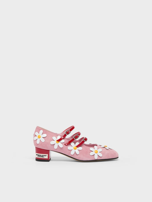 Daisy K - Escarpins babies cuir velours rose et marguerites - Image numéro 1