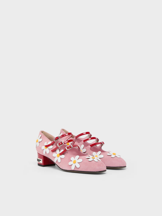 Daisy K - Escarpins babies cuir velours rose et marguerites - Image numéro 2