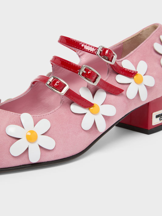 Daisy K - Escarpins babies cuir velours rose et marguerites - Image numéro 3