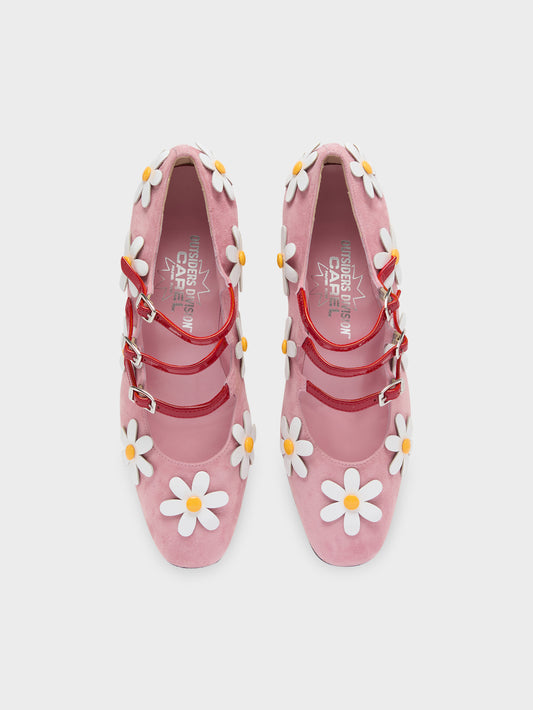 Daisy K - Escarpins babies cuir velours rose et marguerites - Image numéro 4