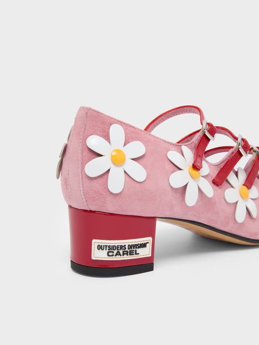 Daisy K - Escarpins babies cuir velours rose et marguerites - Image numéro 5