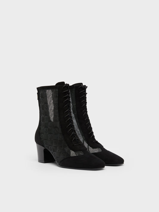 Colette - Black suede and embossed mesh lace-up ankle boots - Image number 2