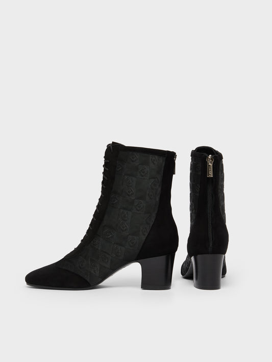 Colette - Black suede and embossed mesh lace-up ankle boots - Image number 3