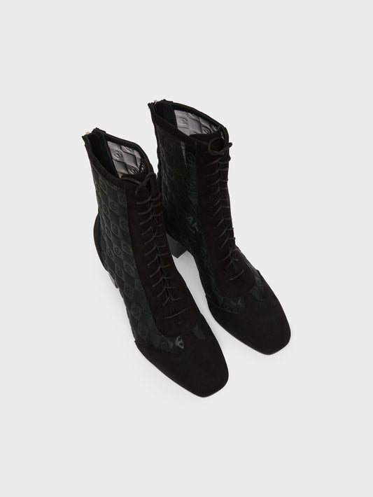 Colette - Black suede and embossed mesh lace-up ankle boots - Image number 4