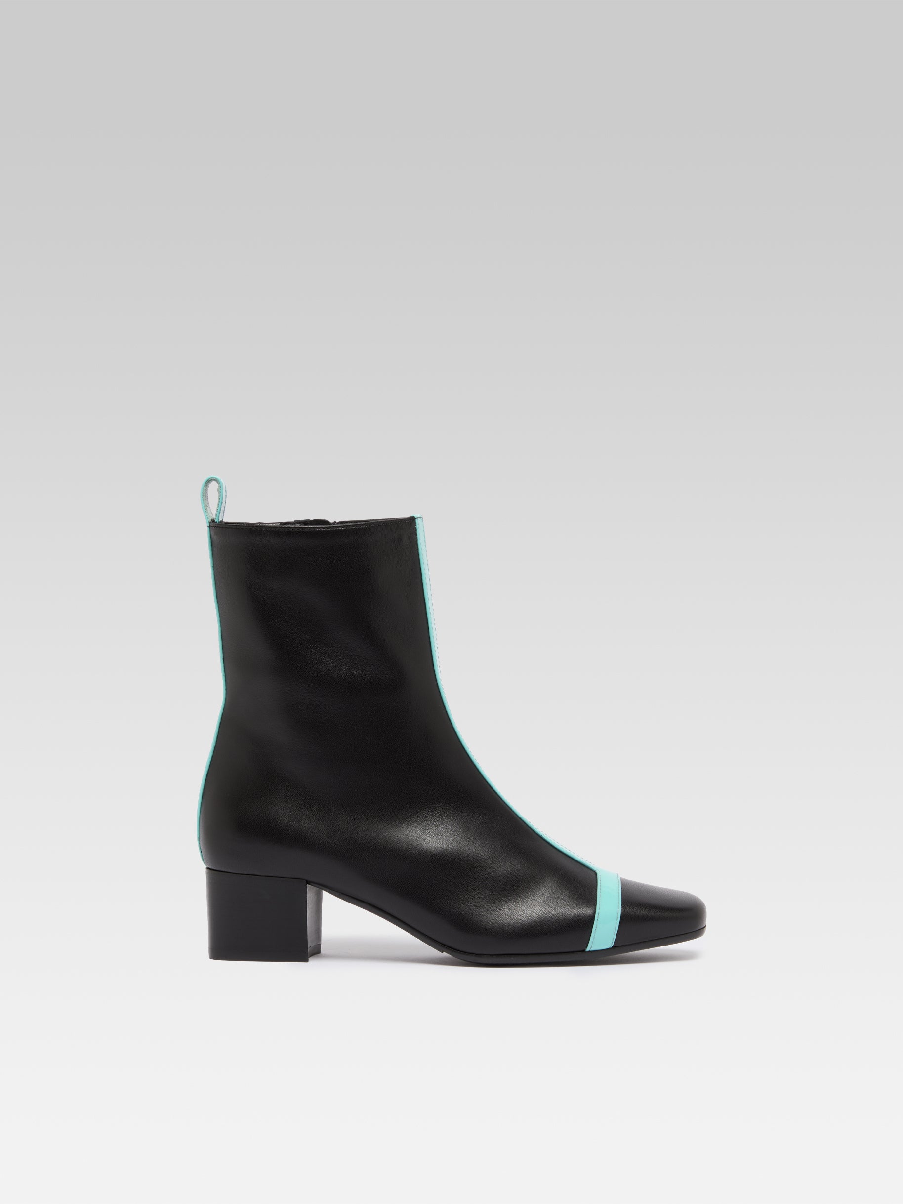 Audrey -  Bottines cuir noir et cuir verni turquoise