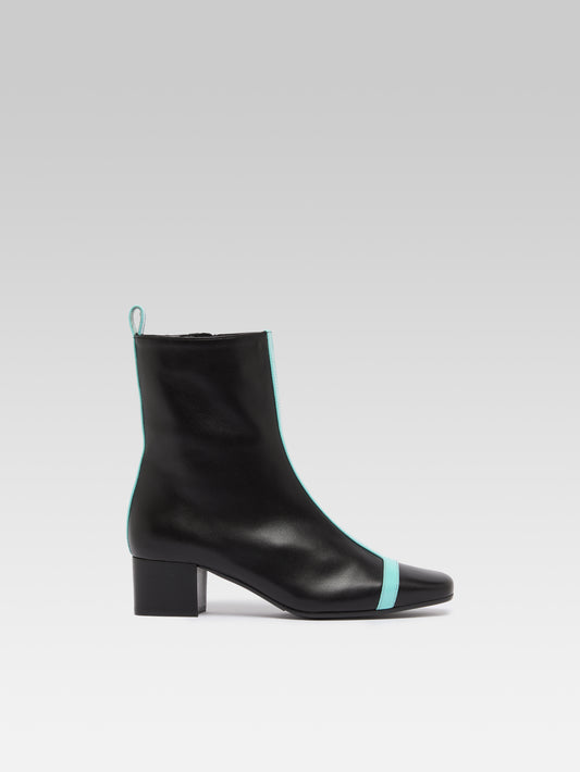 Audrey -  Bottines cuir noir et cuir verni turquoise