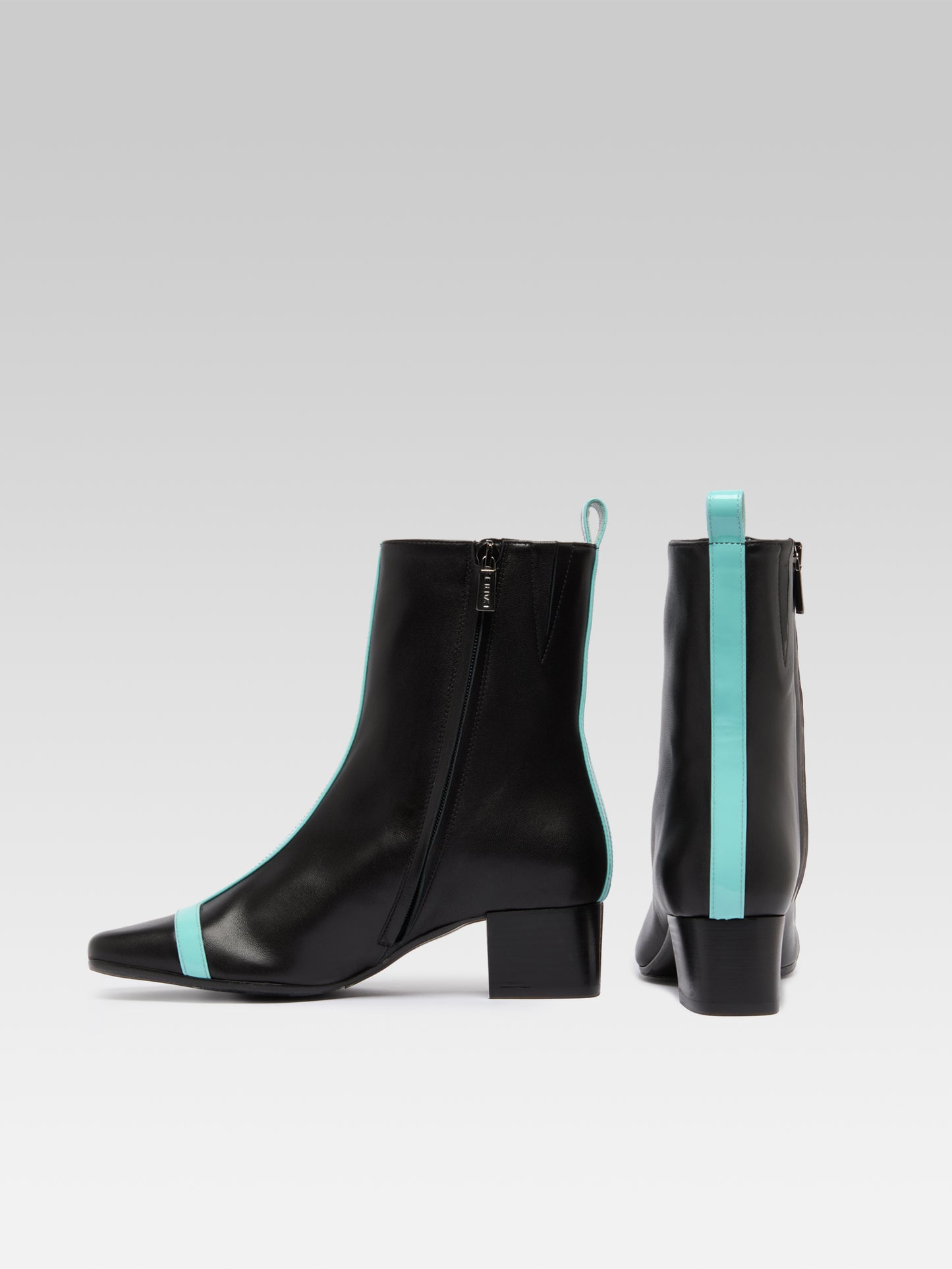 Audrey -  Bottines cuir noir et cuir verni turquoise