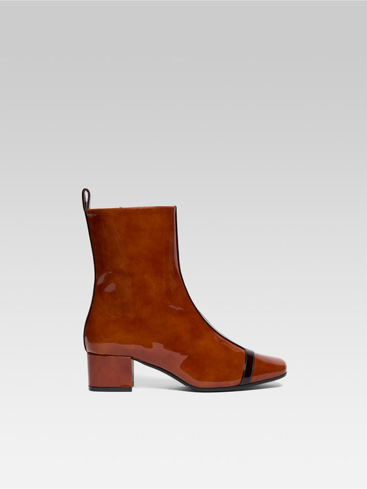 Audrey - Caramel and brown patent leather ankle boots