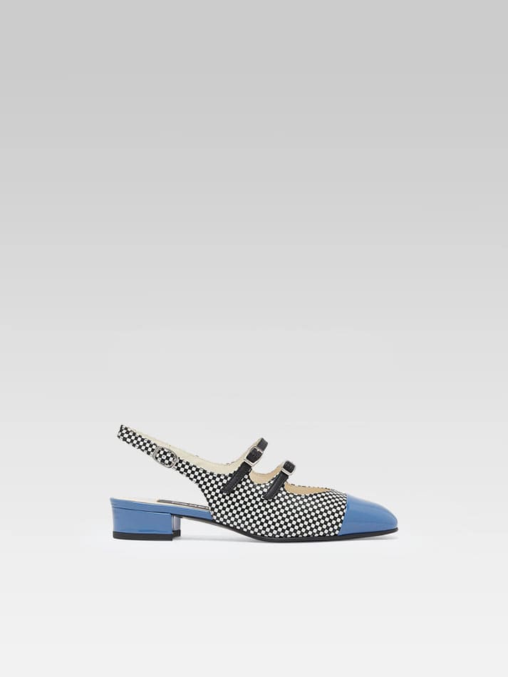 Abricot - Babies slingback cuir upcyclé damier noir et blanc et verni bleu - Image numéro 1