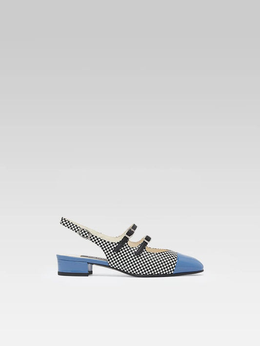 Abricot - Babies slingback cuir upcyclé damier noir et blanc et verni bleu