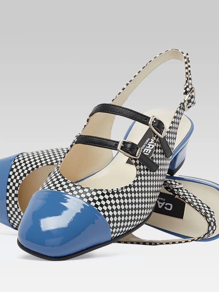 Abricot - Babies slingback cuir upcyclé damier noir et blanc et verni bleu
