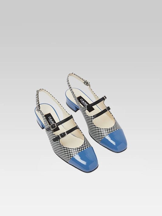 Abricot - Babies slingback cuir upcyclé damier noir et blanc et verni bleu - Image numéro 3