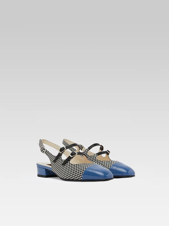 Abricot - Babies slingback cuir upcyclé damier noir et blanc et verni bleu - Image numéro 4