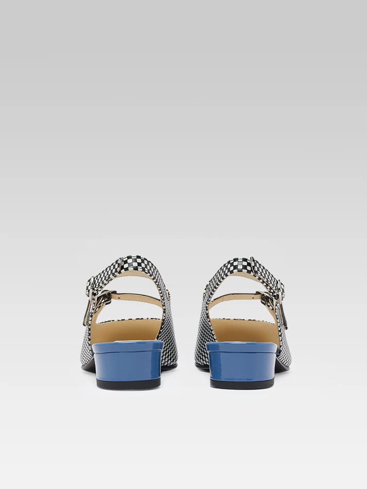 Abricot - Babies slingback cuir upcyclé damier noir et blanc et verni bleu
