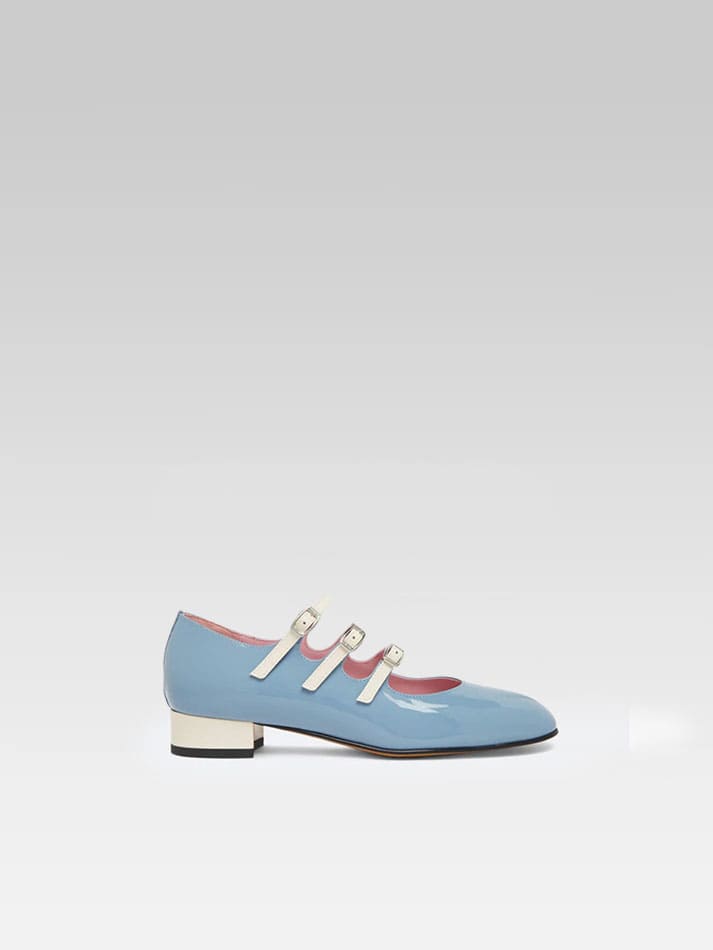 Ariana - Blue and ivory upcycled patent leather Mary Janes ballet-flats - Image number 1