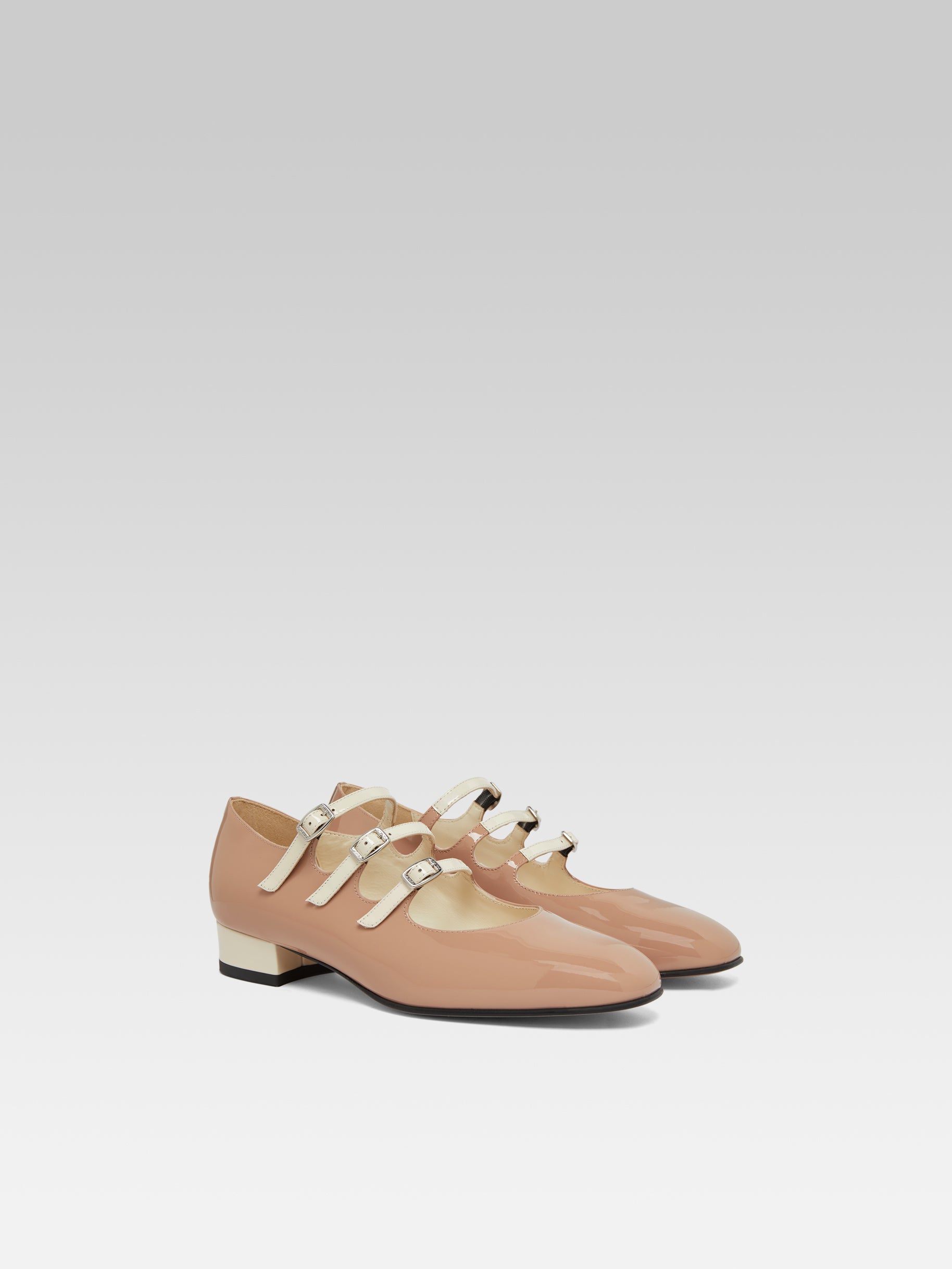 Ariana - Taupe and ivory upcycled patent leather Mary Janes ballet flats - Image number 2