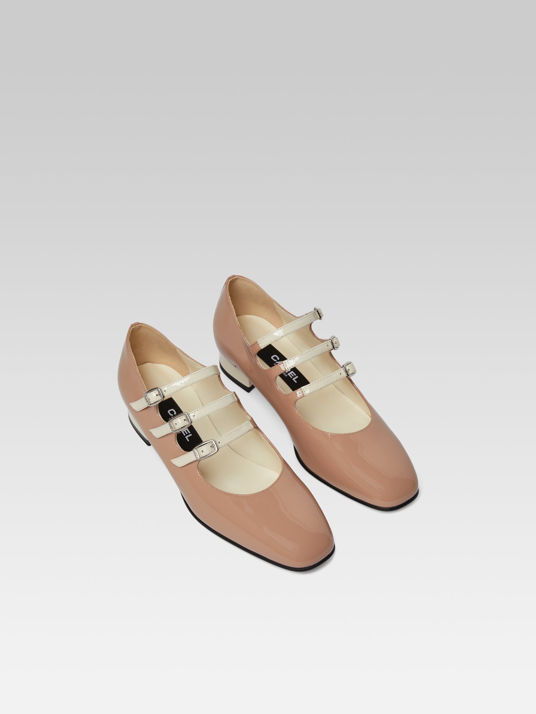 Ariana - Taupe and ivory upcycled patent leather Mary Janes ballet flats - Image number 3