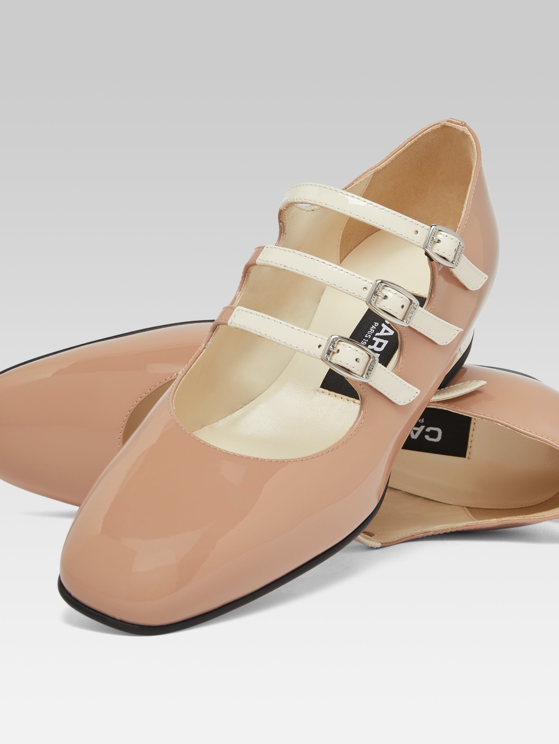 Ariana - Taupe and ivory upcycled patent leather Mary Janes ballet flats - Image number 4