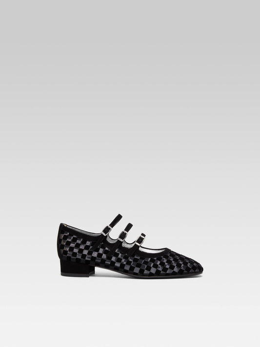 Arianight - Ballerines babies cuir velours damier résille noir