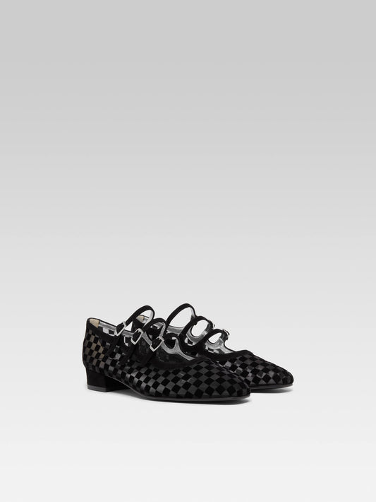 Arianight - Ballerines babies cuir velours damier résille noir - Image numéro 5