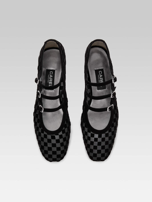 Arianight - Black checkered suede leather and mesh Mary Janes ballet flats - Image number 3