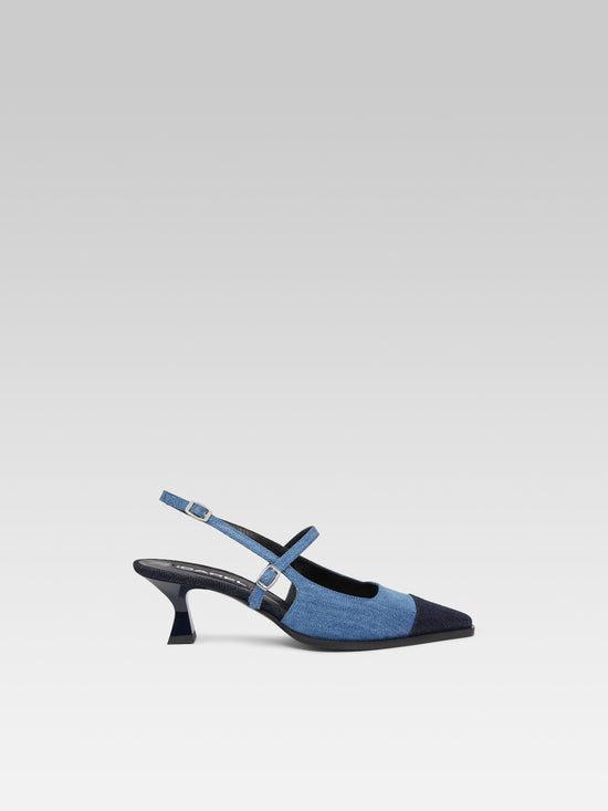 carel Cecile - Escarpins slingback bicolore tissu jean bleu