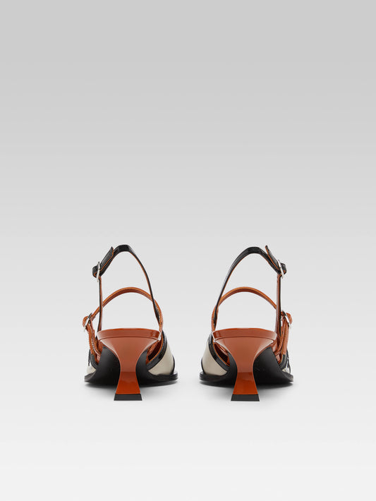 Cecile - Black and camel patent leather and beige leather slingback pumps - Image number 5