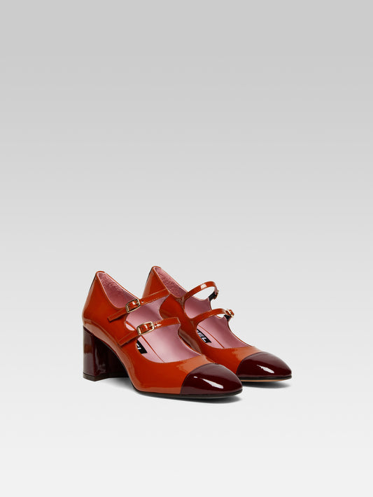 Cherry - Escarpins babies cuir verni camel et bordeaux - Image numéro 2