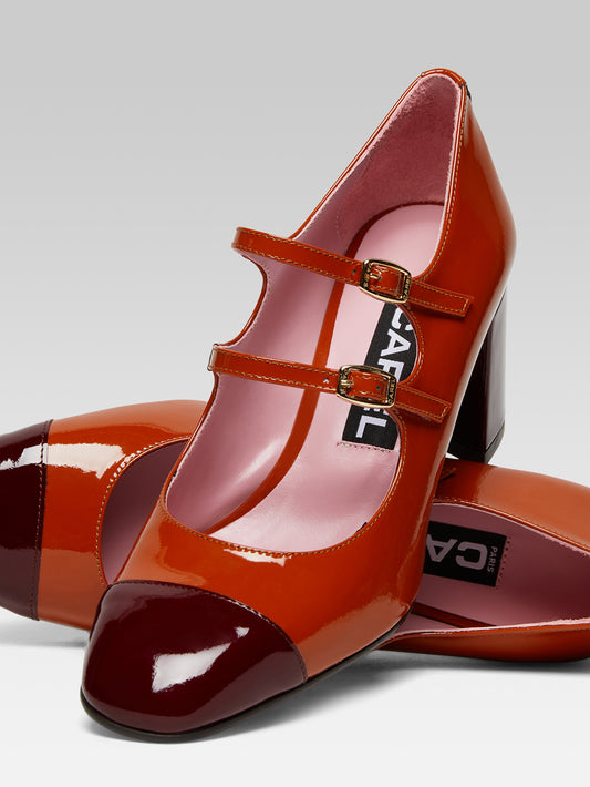 Cherry - Escarpins babies cuir verni camel et bordeaux - Image numéro 4