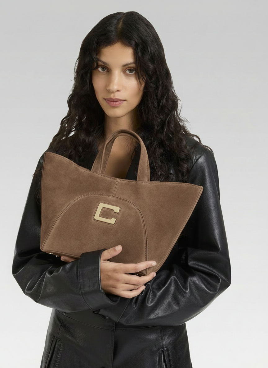 Clem - Mini sac cabas cuir velours mocha