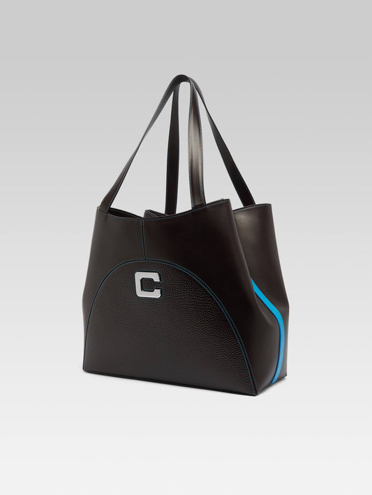 Clemenceau - Sac cabas cuir upcyclé lisse et grainé marron et surpiqûres bleues - Image numéro 2
