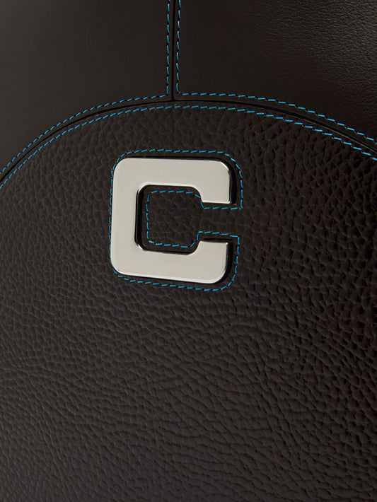 Clemenceau - Sac cabas cuir upcyclé lisse et grainé marron et surpiqûres bleues - Image numéro 6