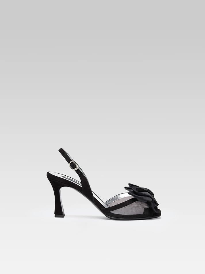 Duchesse - Sandales cuir velours noir, résille et noeud en satin - Image numéro 1