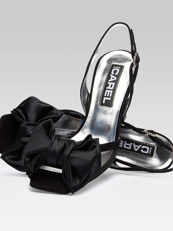 Duchesse - Sandales cuir velours noir, résille et noeud en satin - Image numéro 2
