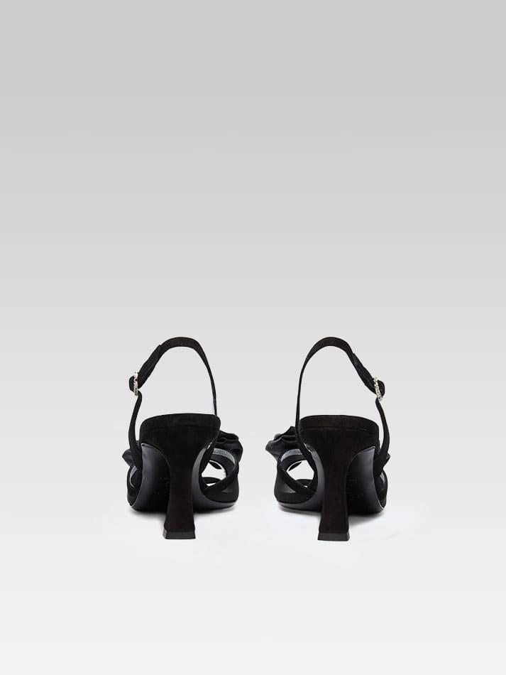 Duchesse - Sandales cuir velours noir, résille et noeud en satin - Image numéro 5