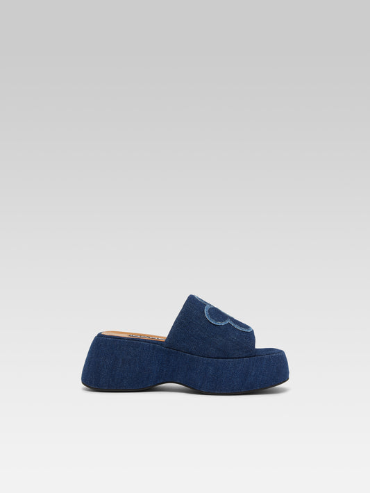 Flower - Two-tone blue denim fabric platform mules