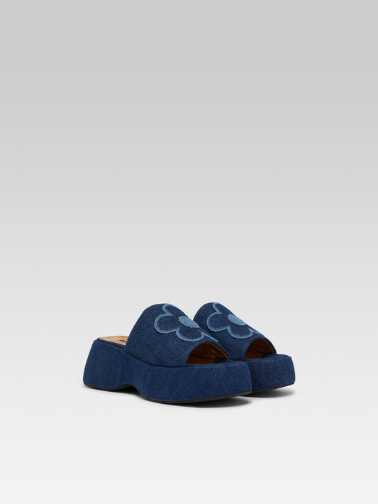Flower - Two-tone blue denim fabric platform mules - Image number 5