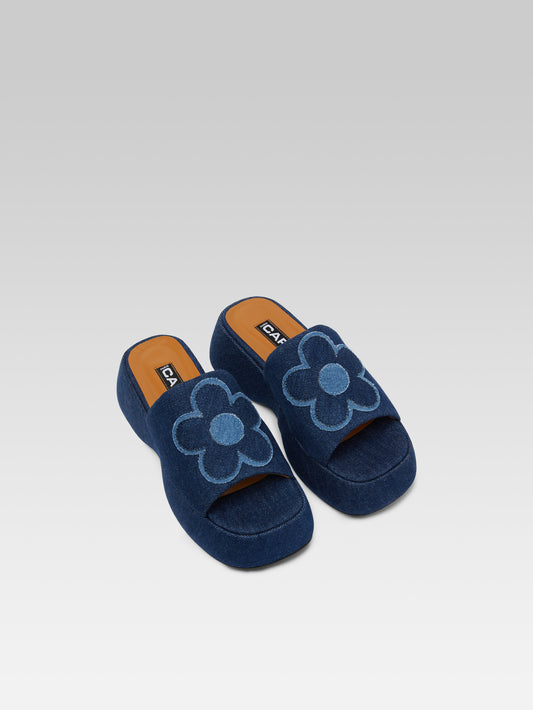 Flower - Two-tone blue denim fabric platform mules - Image number 4