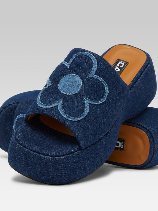 Flower - Two-tone blue denim fabric platform mules - Image number 2