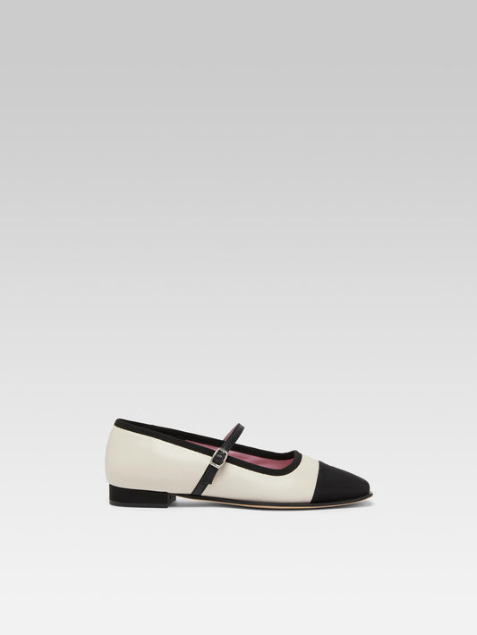 Gisele - Beige leather and black grosgrain Mary Janes ballet flats