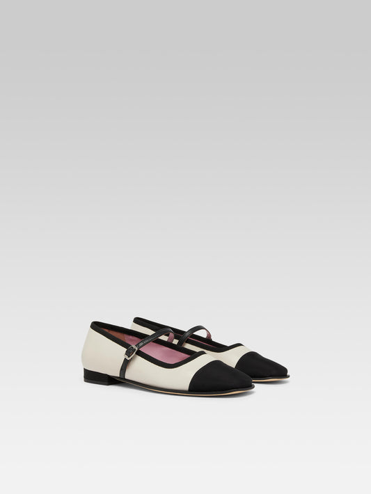 Gisele - Beige leather and black grosgrain Mary Janes ballet flats - Image number 6