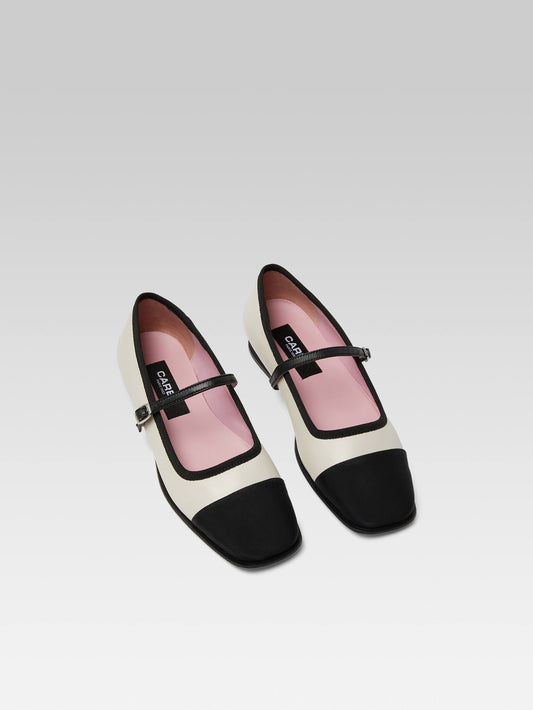 Gisele - Beige leather and black grosgrain Mary Janes ballet flats - Image number 4