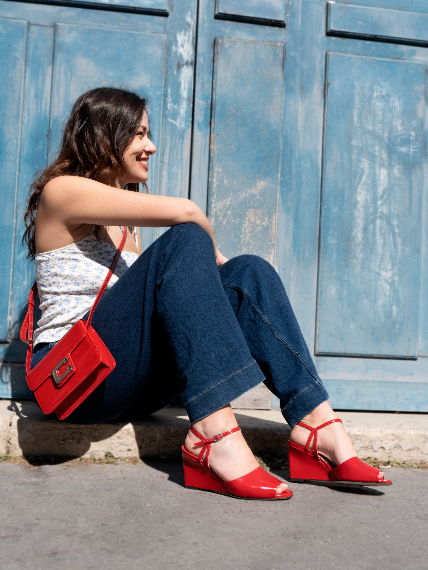 Nadine - Sandales à talons compensés cuir verni rouge