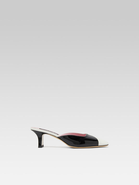 Isa - Black and white patent leather heeled mules