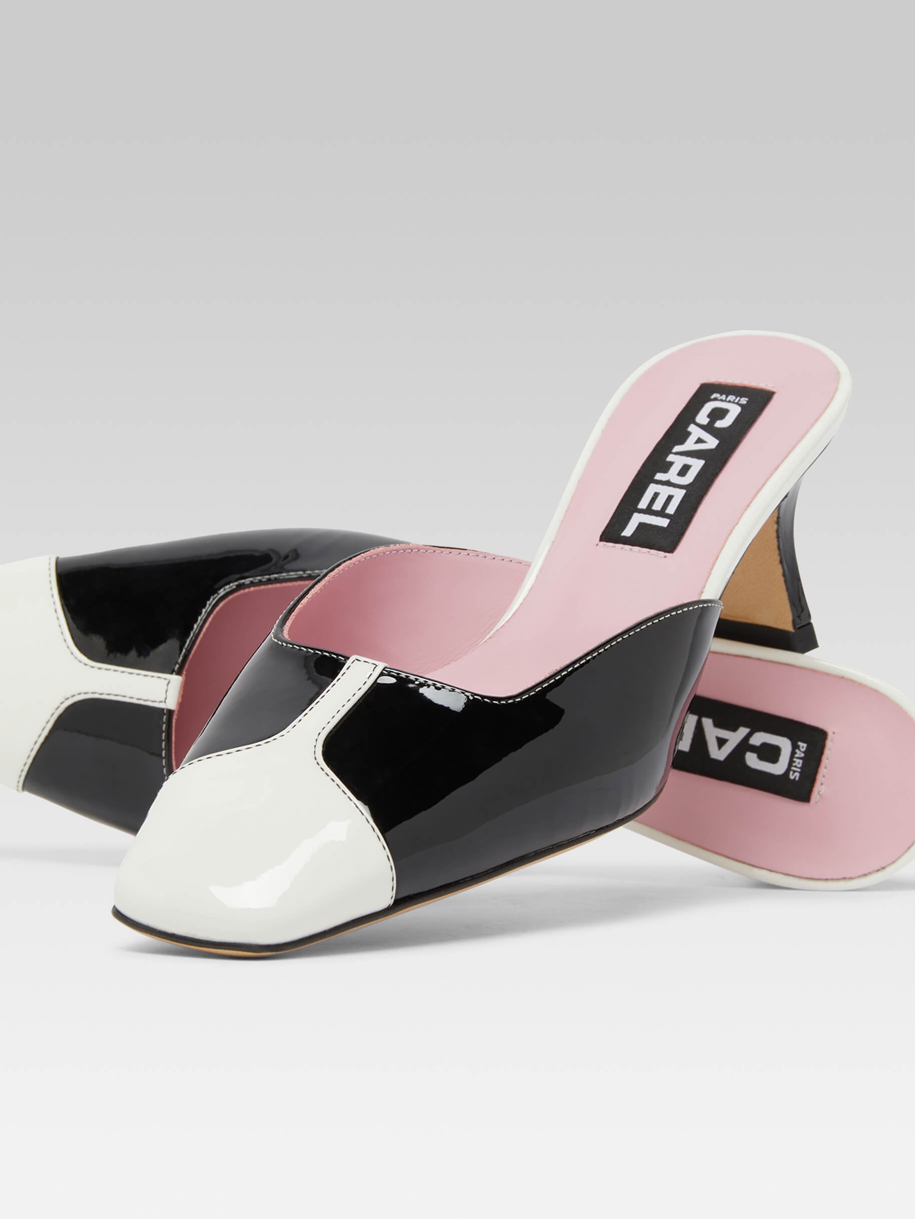 Isa - Mules à talons cuir verni noir et blanc - Image numéro 2