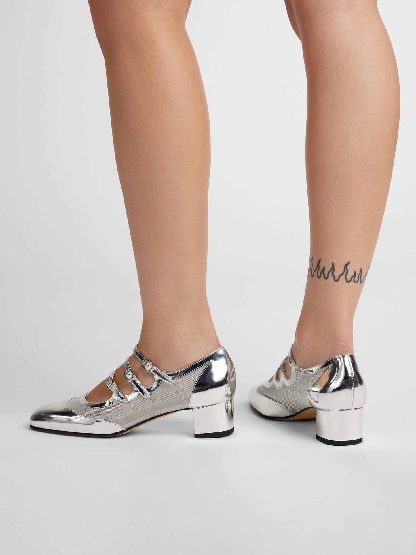 Kinight - Silver patent leather and mesh Mary Janes pumps