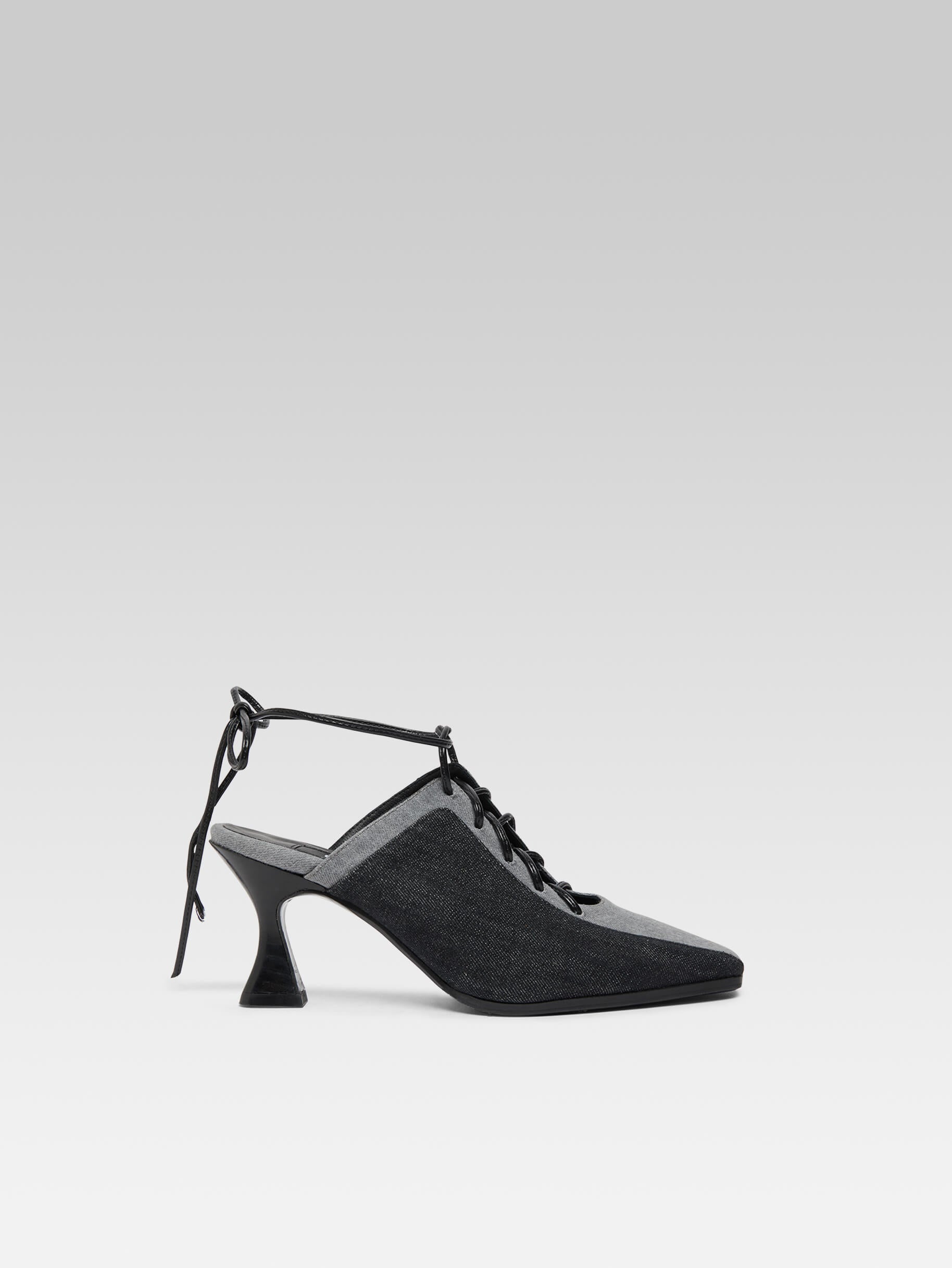 Corset - Mules à talon lacets tissu bi-jean gris - Image numéro 1