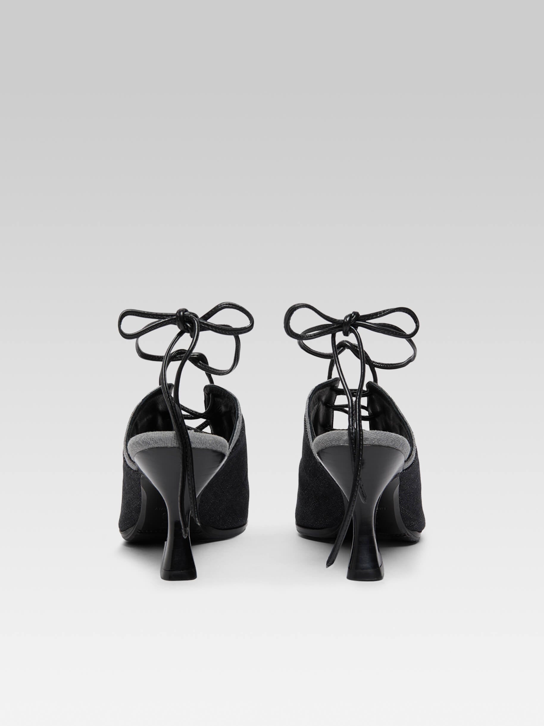Corset - Mules à talon lacets tissu bi-jean gris - Image numéro 7